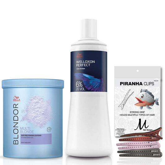 WelIoxon Perfect 6% 20 Volume Creme Developer 33.8 Ounce, Blondor Multi Blonde Bleach Powder 28.2 Ounce and M Hair Designs Piranha (Bundle 3 items)
